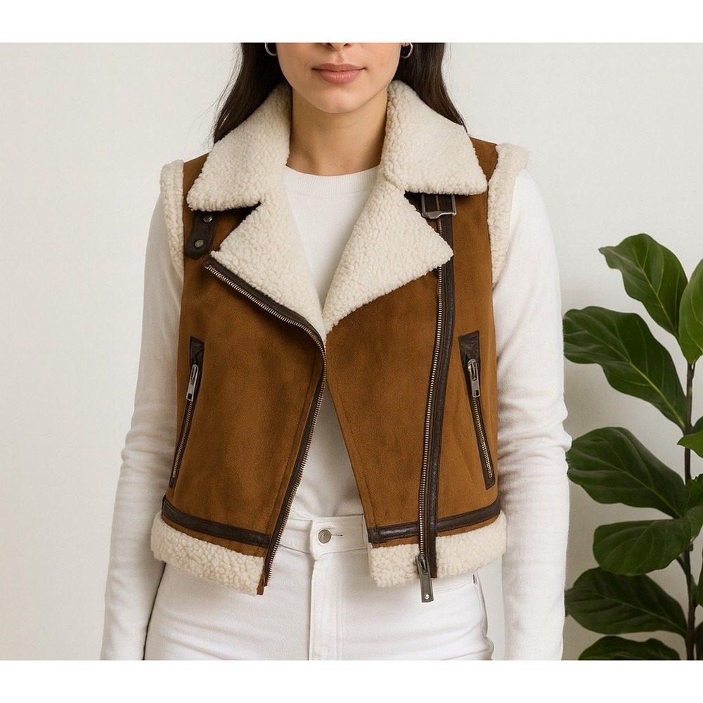 Mark Edwards Studio Brown Faux Suede Shearling Moto Vest XS Cognac Aviator